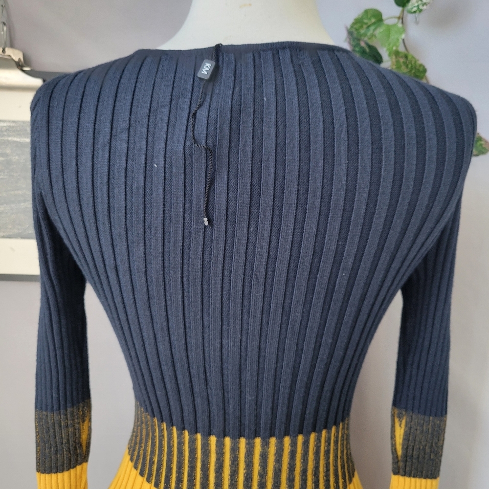 Karen Millen Ribbed Knit Color Block Sweater Top Blue Mustard S - Picture 4 of 12